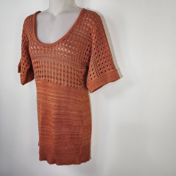 Studio Y Womens Tunic Sweater Medium Crochet Open Knit Short Sleeve Orange Scoop - Picture 5 of 6